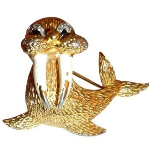 Jomaz Joseph Mazer Walrus Figural Brooch Textured Gold Plate White Enamel Tusks